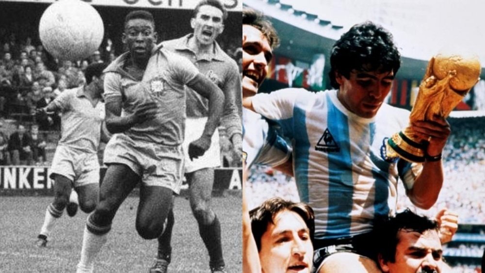 Mitos de Brasil e Argentina, Pelé e Maradona estrearam precocemente entre os adultos. AFP