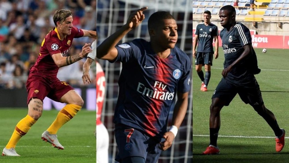 Collage de Zaniolo, Mbappé y Vinicius. AFP/EFE