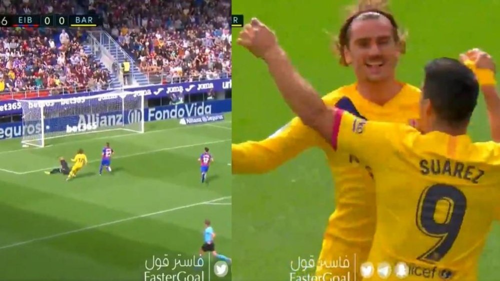 Griezmann abriu o placar contra o Eibar e comemorou com Messi e Suárez. Montagem/Movistar