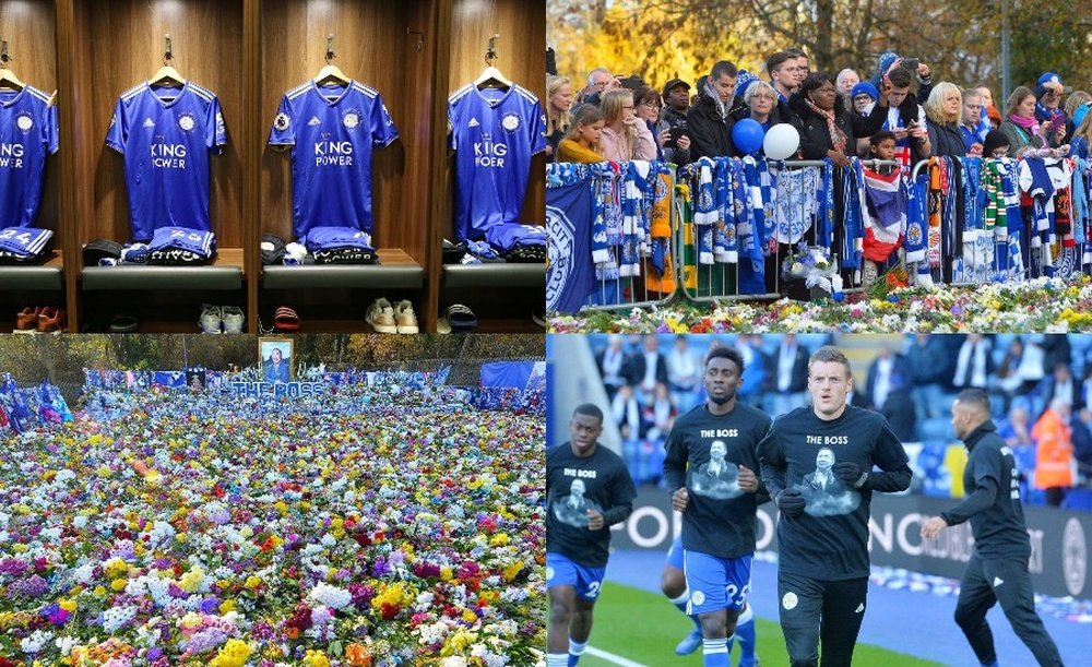 Flores, mensagens e camisas comemorativas em homenagem a Vichai. LeicesterFC