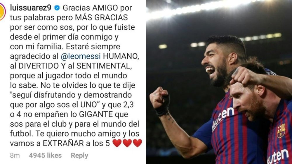 Suárez responde as palavras de Messi. Instagram/LuisSuarez9/AFP