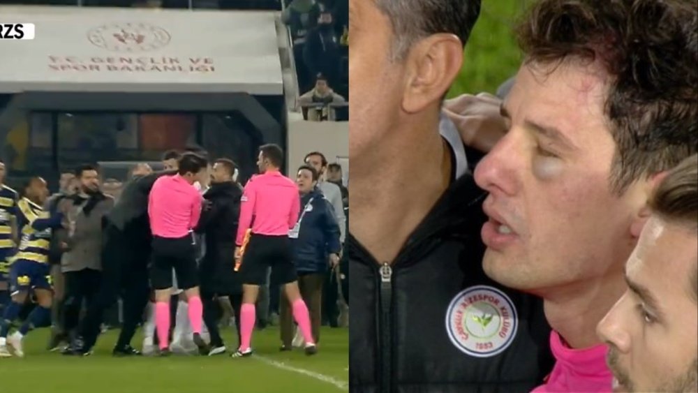 Koca went down to the pitch and punched the referee. Screenshot/beINSports