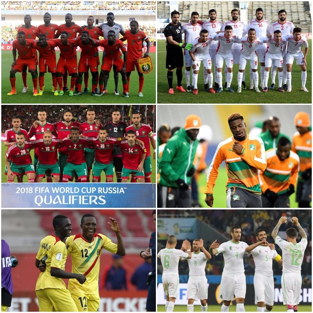 Collage des sélections de l'Algérie, le Maroc, la Tunisie, la Côte d'Ivoire, La Guinée Bissau et le Mali. BeSoccer