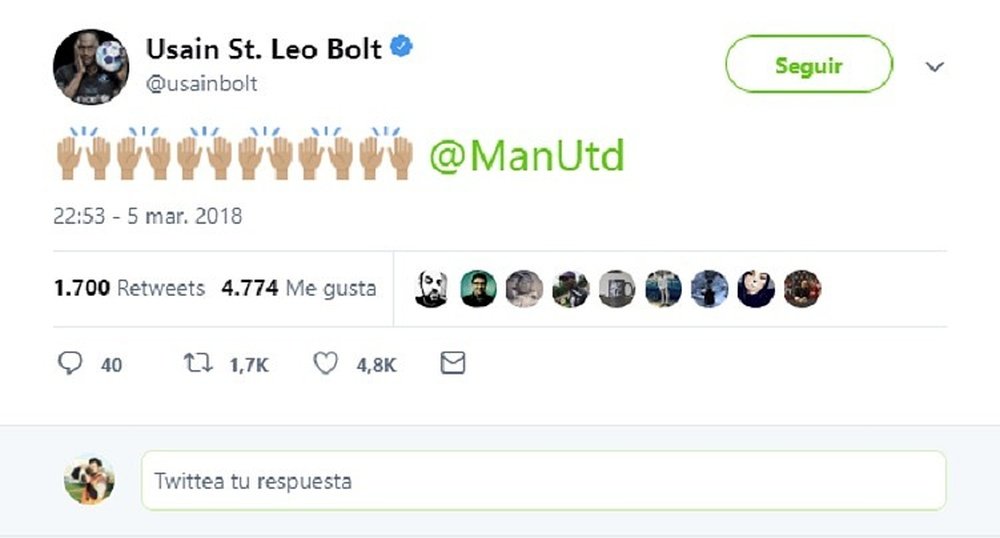 Usain Bolt vivió la histórica remontada del Manchester United. Twitter/UsainBolt