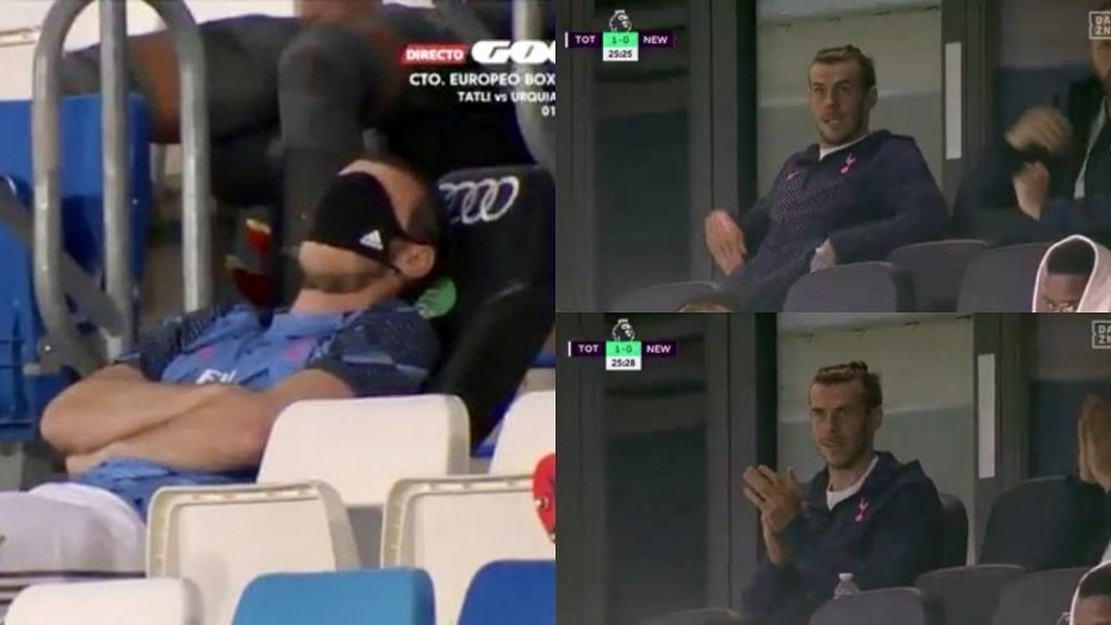 Nas arquibancadas, Gareth Bale comemorou gol de Lucas Moura contra o Newcastle. Capturas/GOL/DAZN