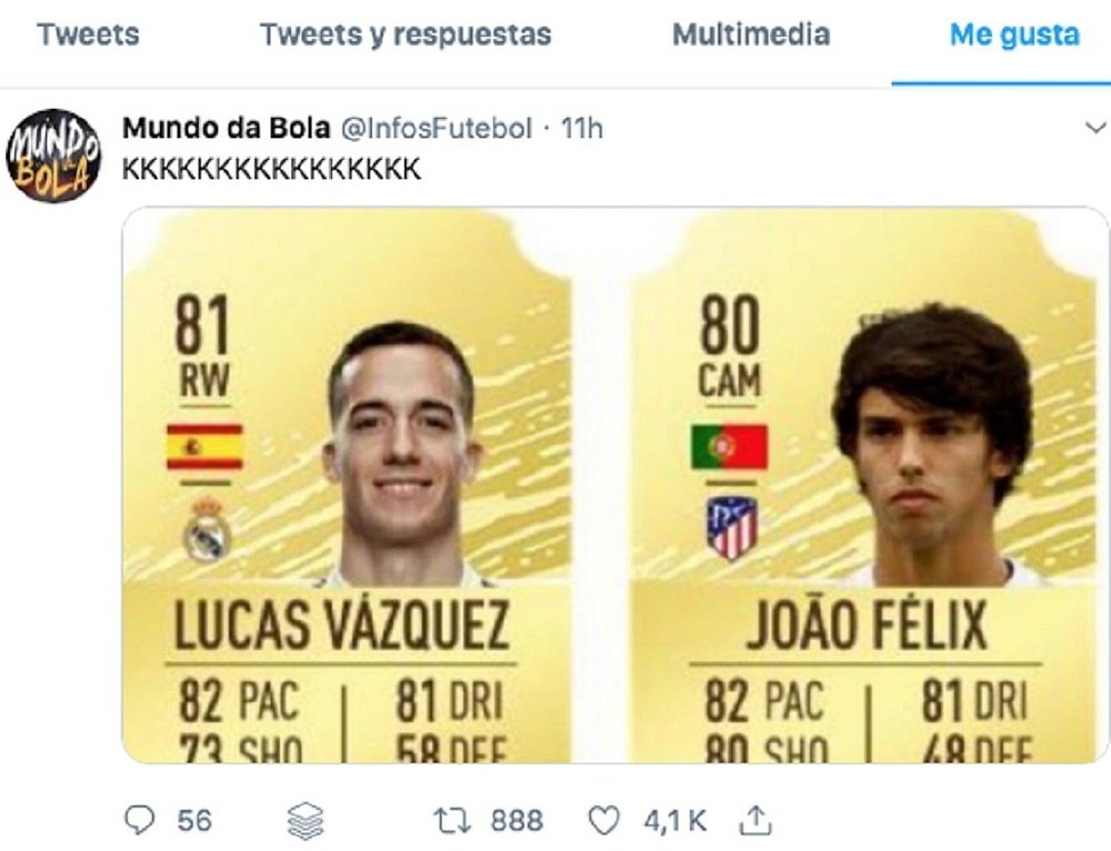 La réaction de Joao Félix en voyant que Lucas Vázquez est meilleur que lui sur FIFA. Capture/Twitter