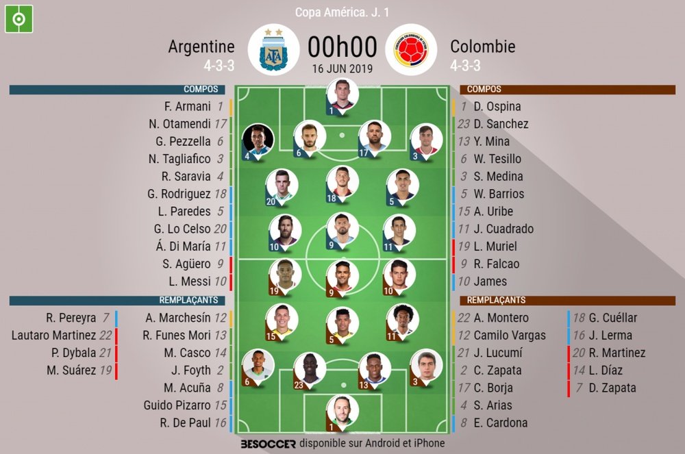 Les compos officielles du match de Copa América entre l'Argentine et la Colombie. BeSoccer