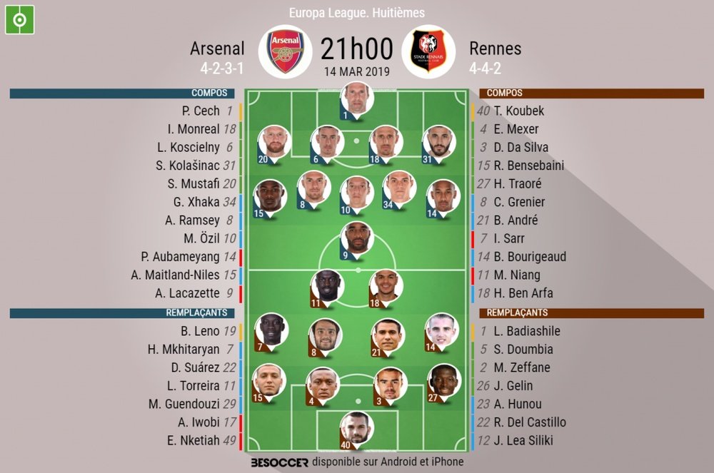 Compos officielles Arsenal-Rennes, 1/8e retour d'Europa League, 14/03/2019. BeSoccer