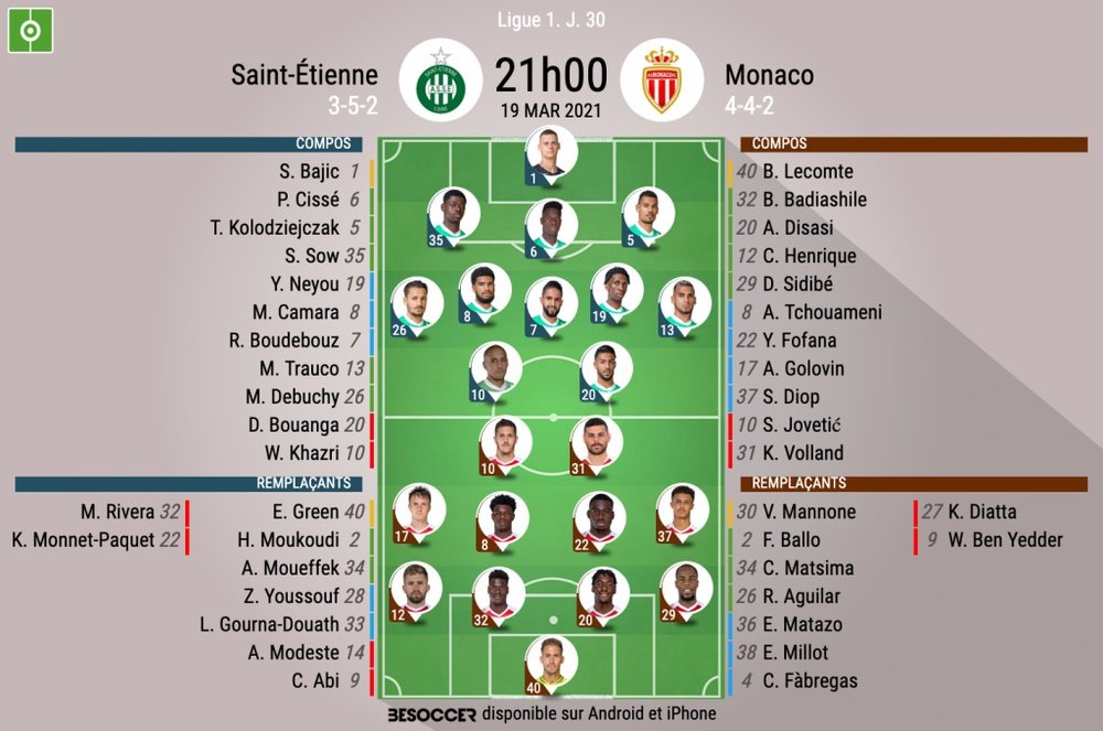 Compos officielles ASSE-Monaco, Ligue 1, J30, 2021. BeSoccer