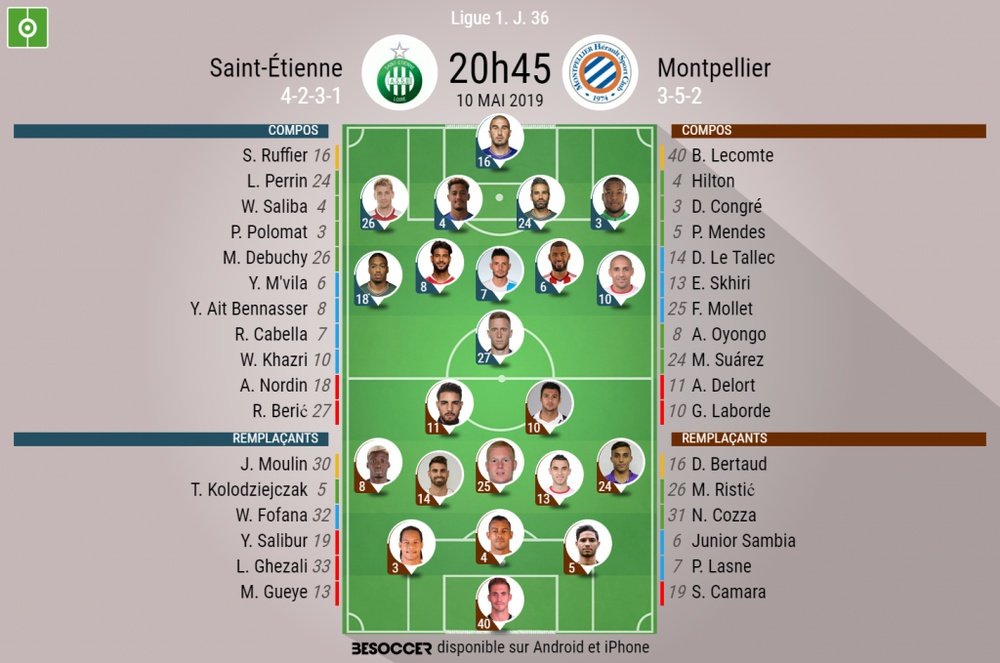 Compos officielles ASSE-Montpellier, Ligue 1, J.36, 10/05/2019, BeSoccer.