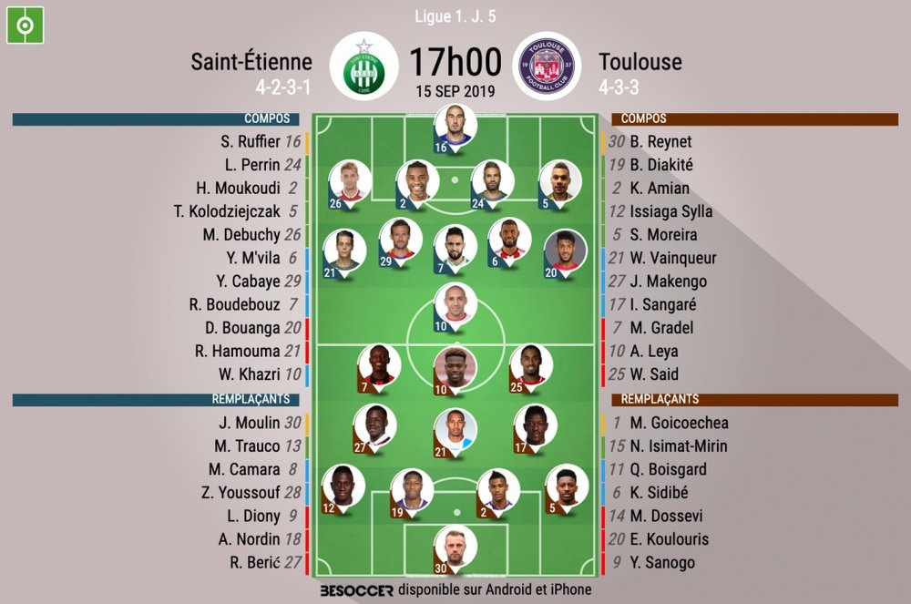 Les compos officielles du match de Ligue 1 entre l'ASSE et Toulouse, AFP