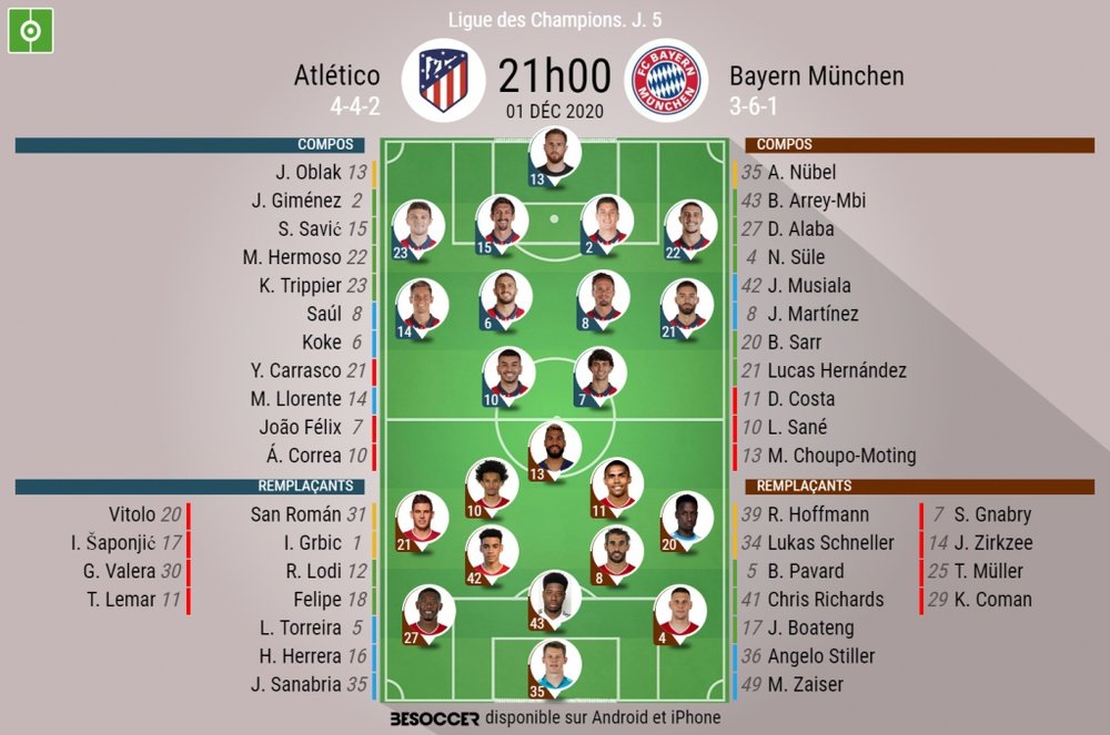 Les compos officielles du match de Ligue des champions entre l'Atletico et le Bayern. BeSoccer