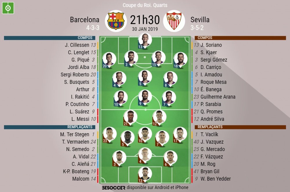 Compos officielles Barcelone - Séville, Coupe du Roi, Quarts, 30/01/2019. Besoccer