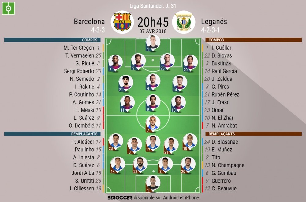 Compos officielles Barcelone-Leganes, 31ème journée de Liga, 07/04/2018. BeSoccer