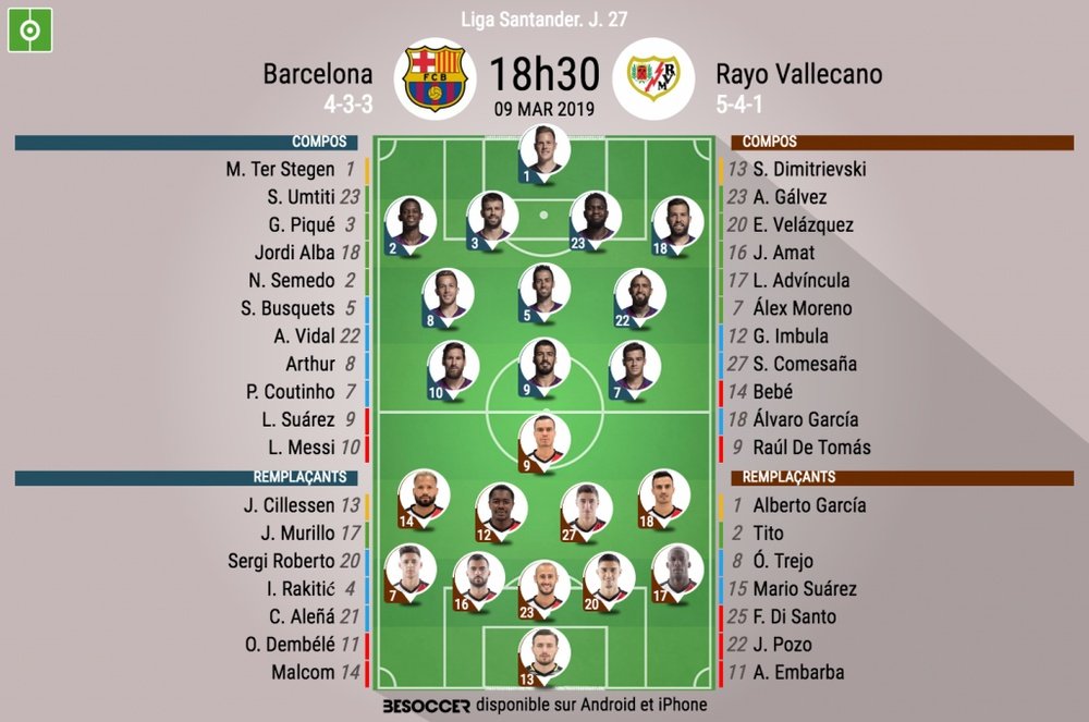 Compos officielles Barcelone-Rayo Vallecano, J27, Liga, 09/03/19. BeSoccer
