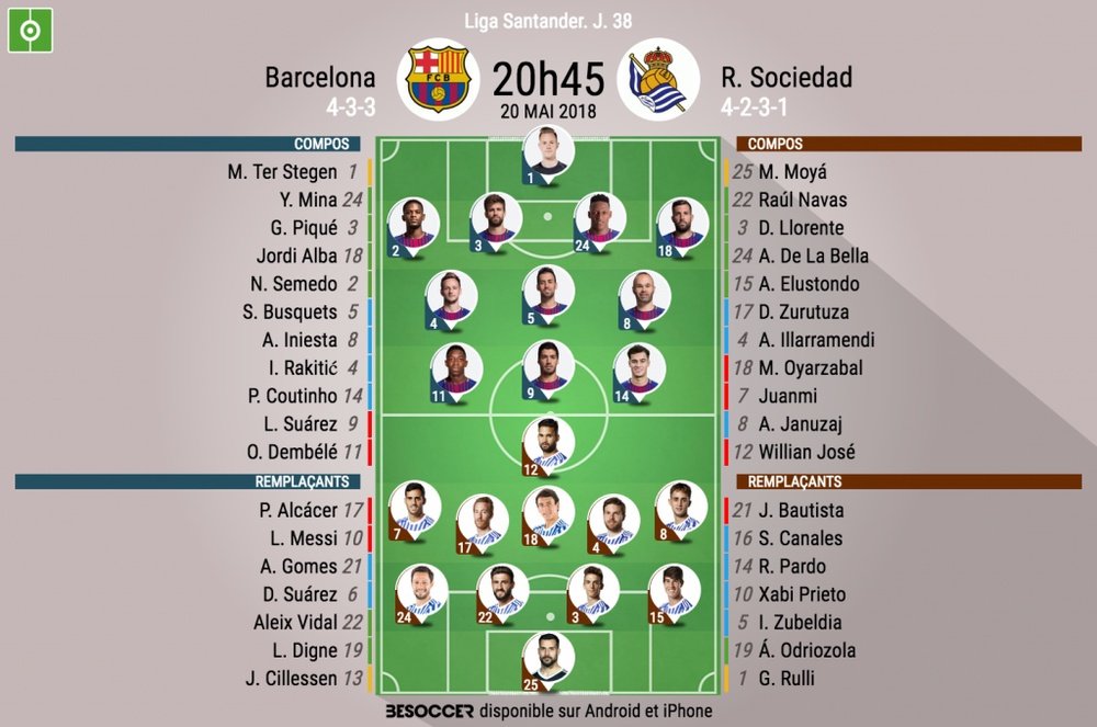 Compos officielles Barcelone-Real Sociedad, J38, 20/05/2018. BeSoccer