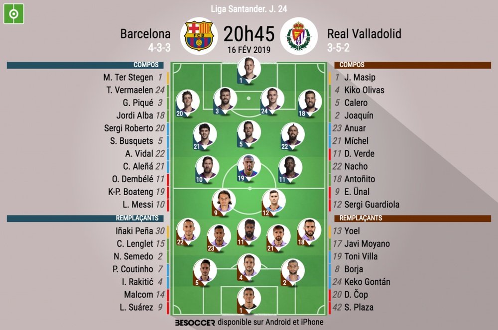 Compos officielles Barcelone-Valladolid, J24, Liga, 16/02/2019. BeSoccer