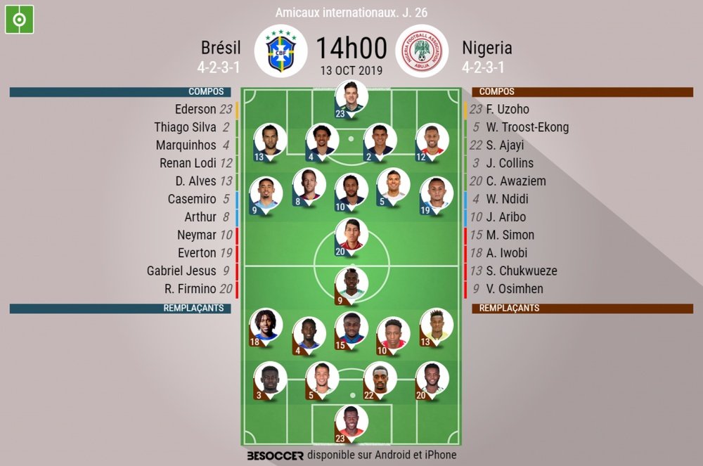 Les compos officielles du match amical entre le Brésil et le Nigéria. BeSoccer