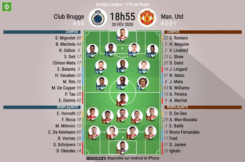 Compos officielles Bruges - Man United, Europa League, 16ème aller, 20/02/2020, BeSoccer