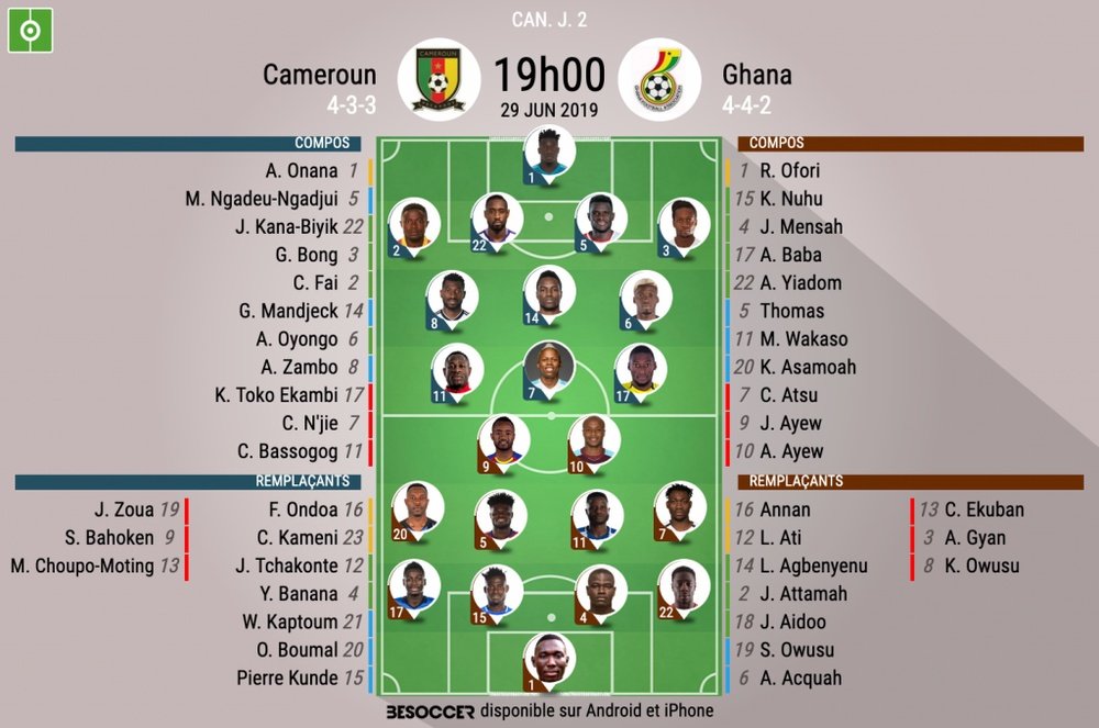 Compos officielles Cameroun-Ghana, CAN, Phase de poules, 29/06/2019. BeSoccer.