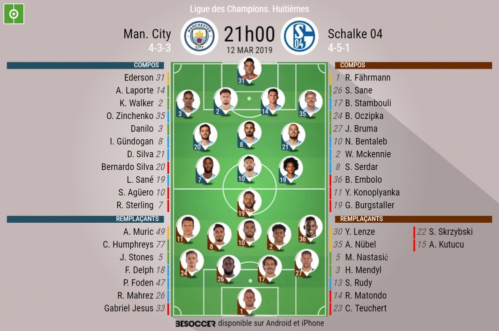 Compos officielles City - Schalke 04, 1/8 retour, Champions League, 13/03/2019. Besoccer