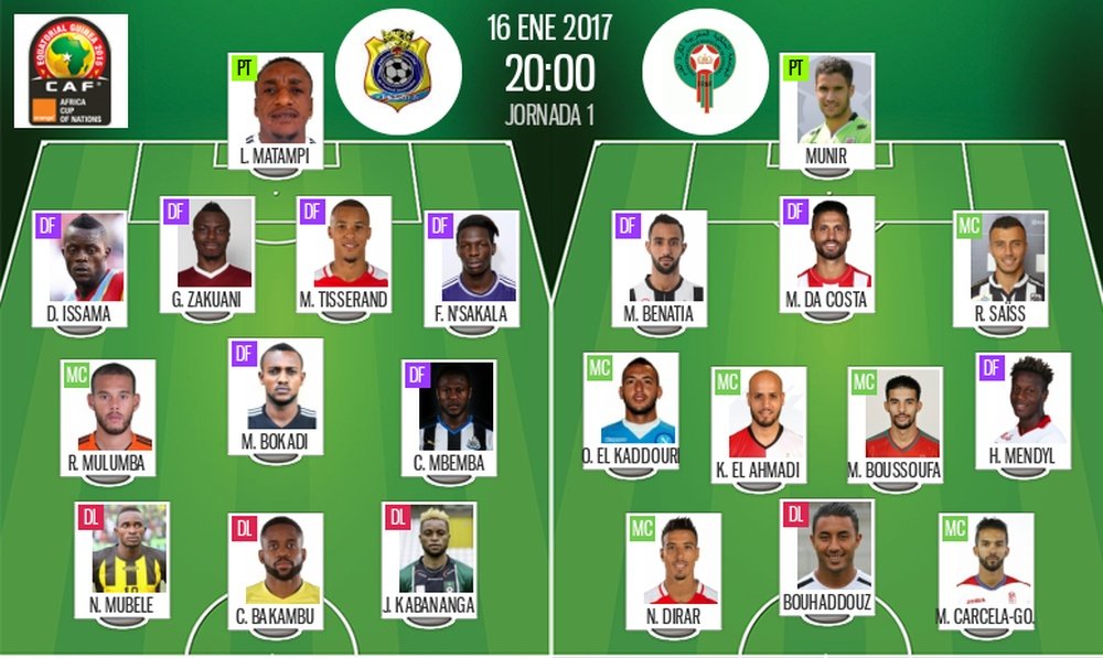 Compos officielles du match de CAN entre la RD Congo et le Maroc du 16-01-17. BeSoccer