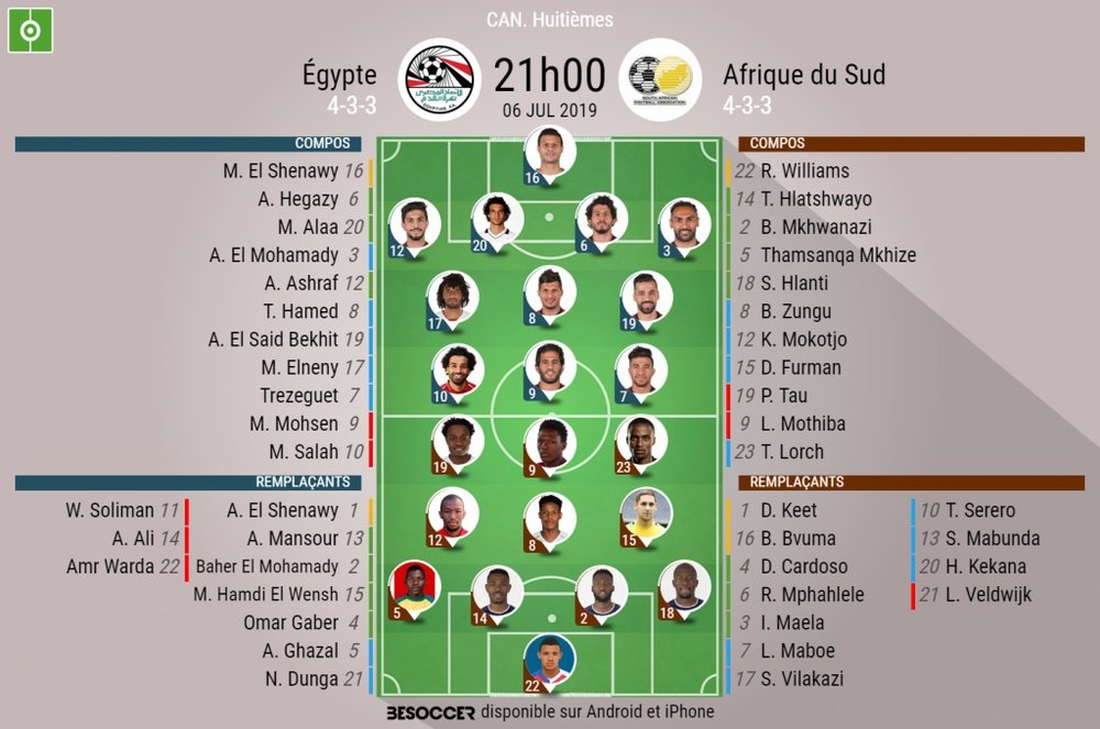 Compos officielles Égypte - Afrique du Sud - 8es de finale de la CAN 2019. BeSoccer