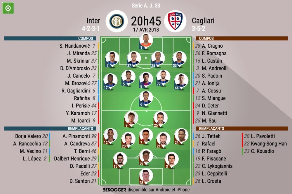 Compos officielles Inter-Cagliari, 33ème journée, 17/04/18. BeSoccer
