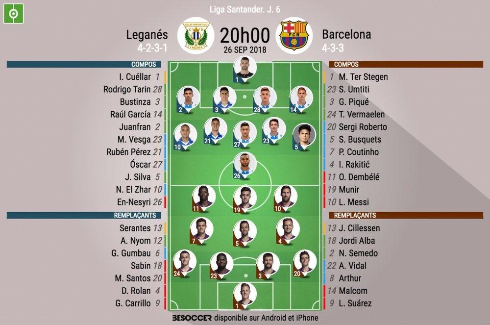 Compos officielles Leganés-Barcelone, J6, Liga, 26/09/18. BeSoccer