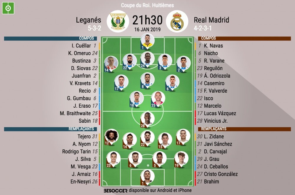 Compos officielles Leganés-Real Madrid, 8èmes retour, Coupe du Roi, 16/01/19. BeSoccer