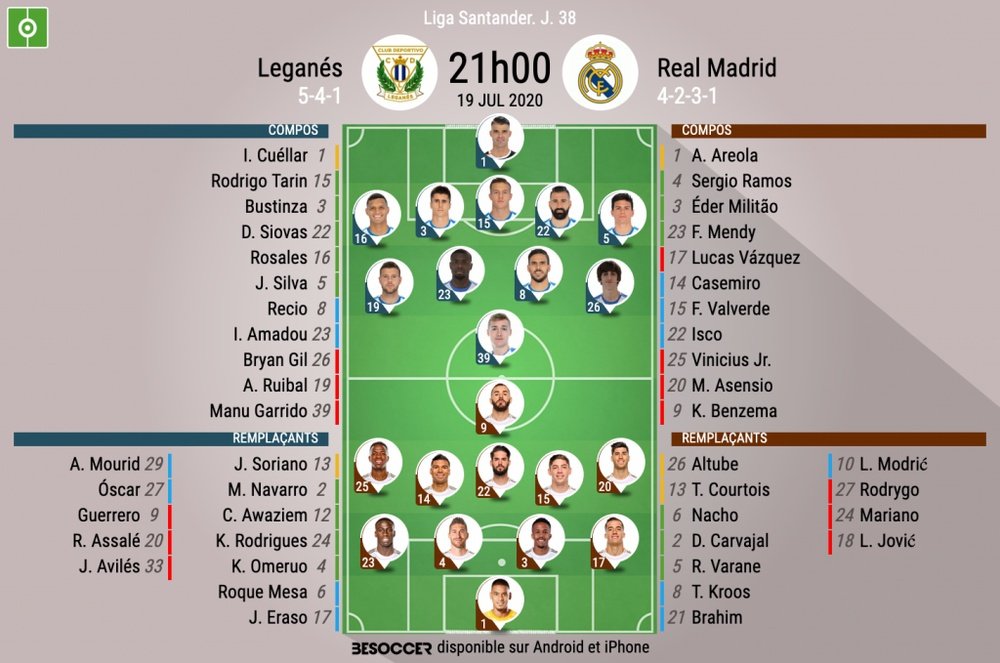 Les compos officielles du match de Liga entre Leganés et le Real Madrid. BeSoccer