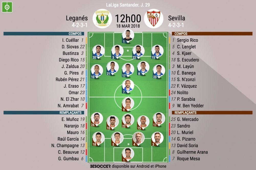 Les compos officielles du match de Liga entre Leganés et Séville. BeSoccer