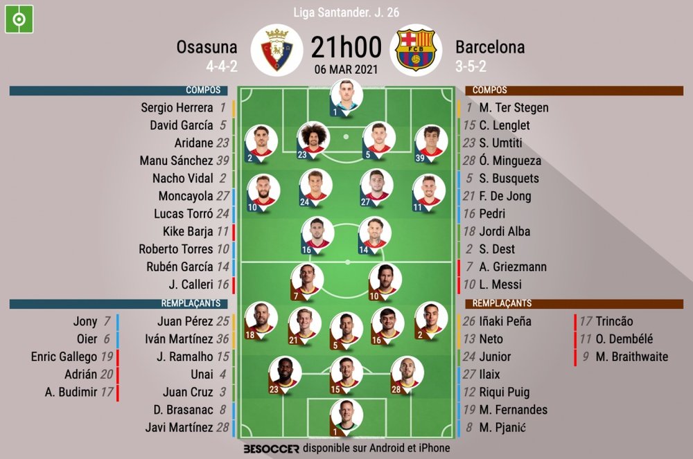 Compos officielles Osasuna - Barça, Liga, J26, 2021. BeSoccer