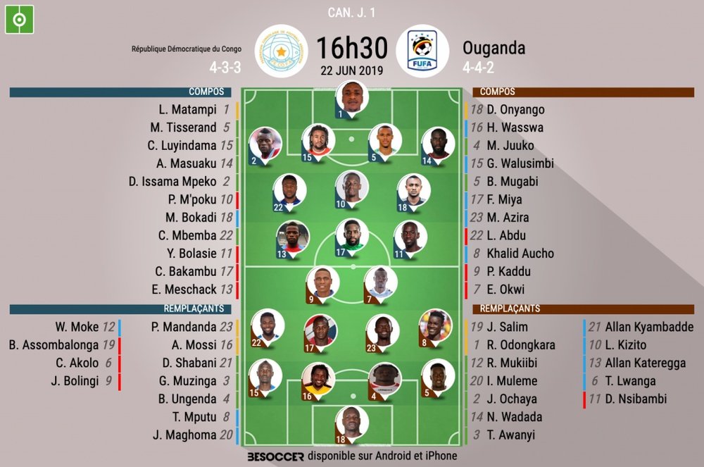 Les compos officielles du match de CAN République Démocratique du Congo et l'Ouganda. BeSoccer
