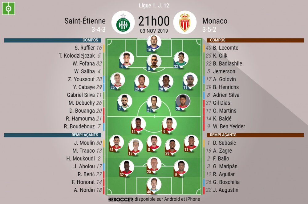 Les compos officielles du match de Ligue 1 entre Saint-Étienne et Monaco. BeSoccer