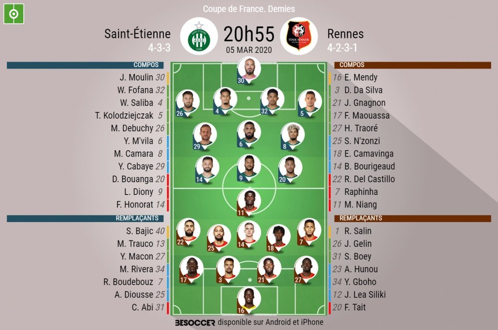 Les compos officielles du match de Coupe de France entre Saint-Étienne et Rennes. BeSoccer