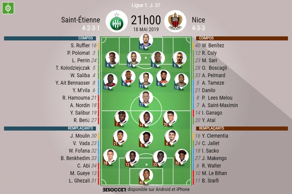 Compos officielles Saint-Étienne-Nice, 37ème journée de Ligue 1, 18/05/2019. BeSoccer