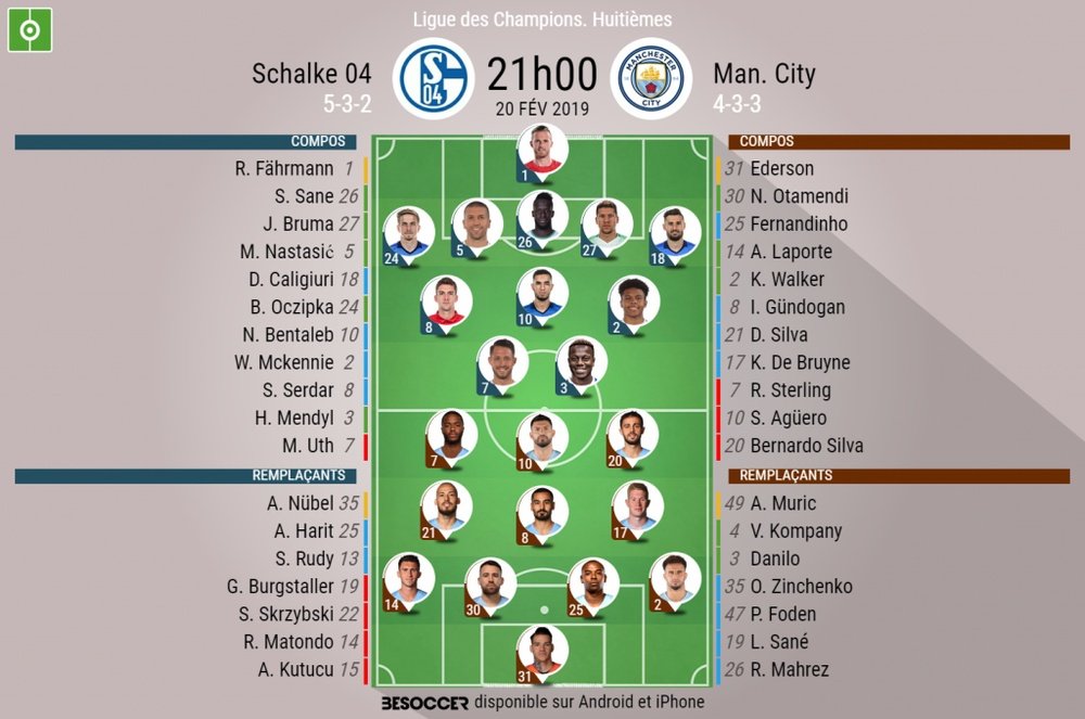 Compos officielles Schalke 04-City, 1/8èmes de finale de Ligue des champions. BeSoccer