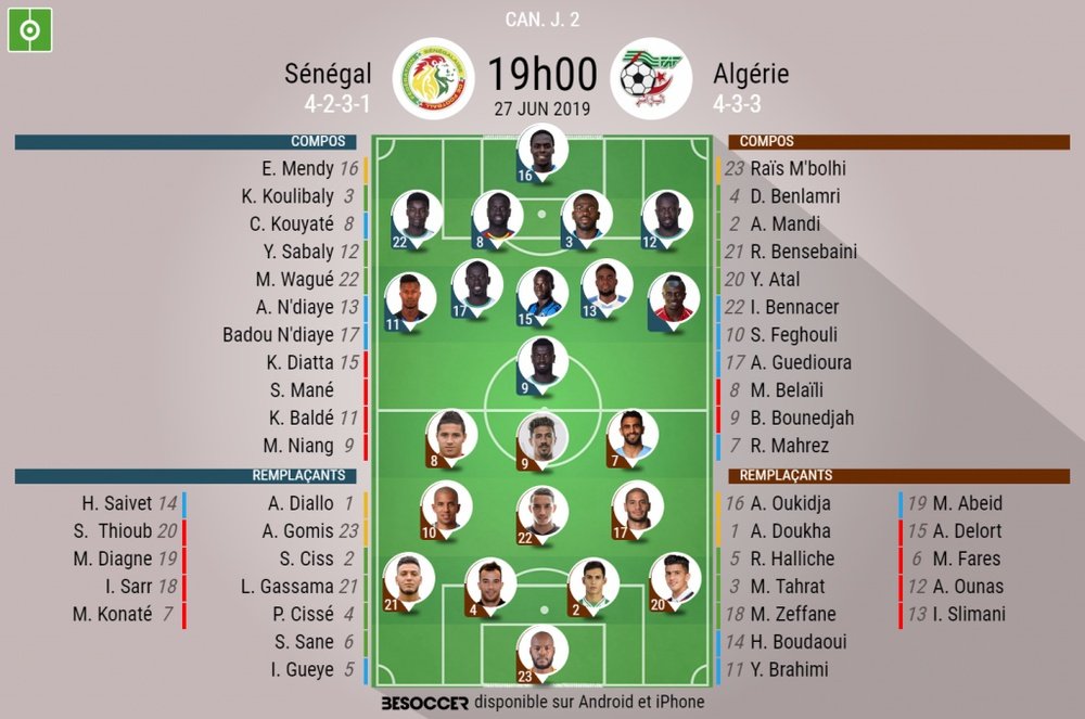 Compos officielles Sénégal-Algérie, phase de groupes de la CAN 2019, 27/06/2019. BeSoccer