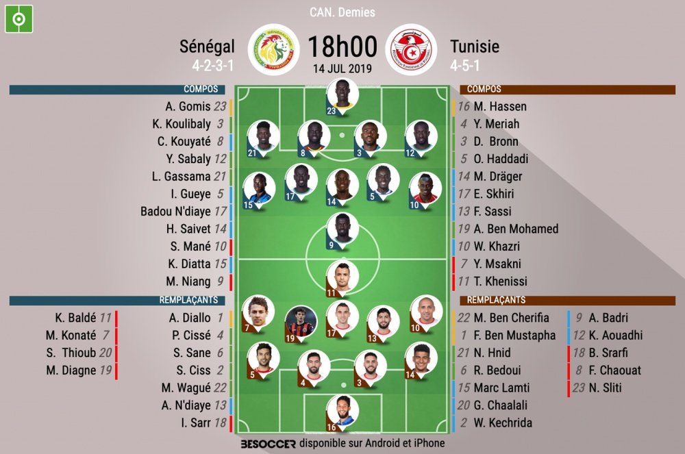 Compos officielles Sénégal-Tunisie, CAN, Demi-finale, 14/07/2019, BeSoccer.