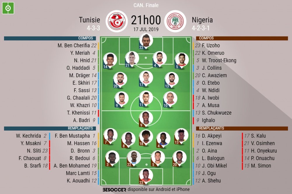 Compos officielles Tunisie-Nigeria, petite finale de la CAN 2019, 17/04/2019. BeSoccer