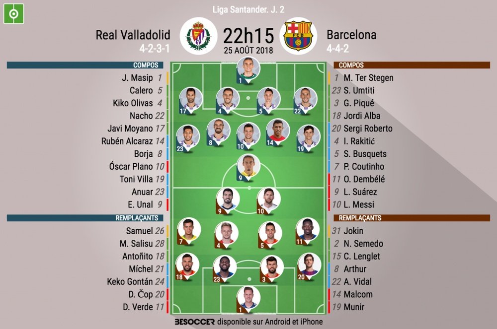 Compos officielles Valladolid - Barça, J2, Liga, 25/08/18. BeSoccer