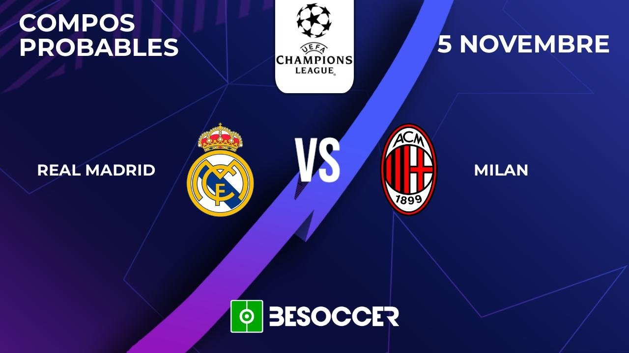 Voici les compositions probables du match qui va opposer ce soir le Real Madrid et l'AC Milan lors de la quatrième journée de Ligue des Champions 2024-25, à 21:00 (CEST).