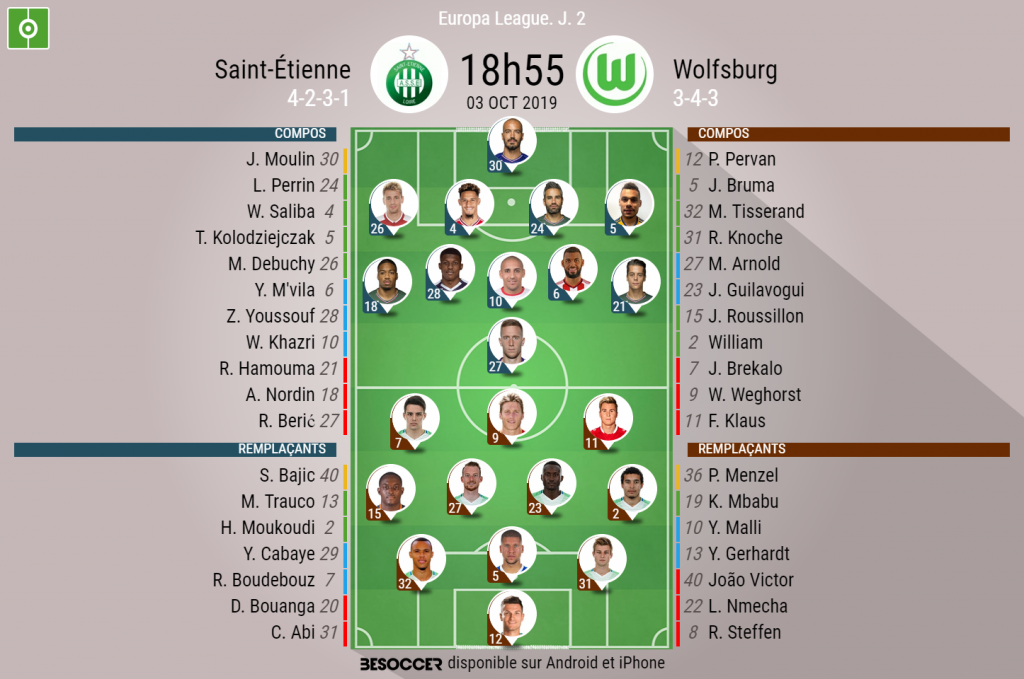 Les compos officielles du match d'Europa League entre Saint-Étienne et Wolfsbourg