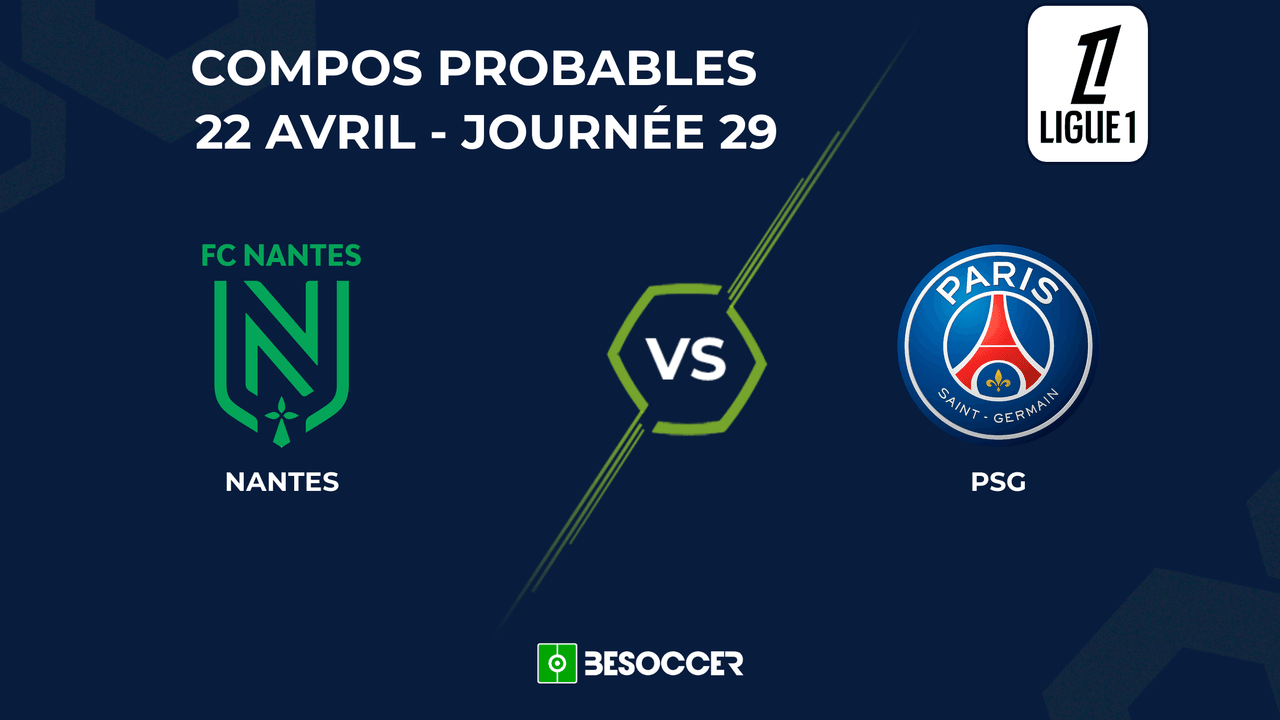 Voici les compositions probables pour Nantes - Paris SG, match en retard de la 29e journée de Ligue 1 qui se jouera au Stade de la Beaujoire ce mardi 22 avril à 20h45 CEST.