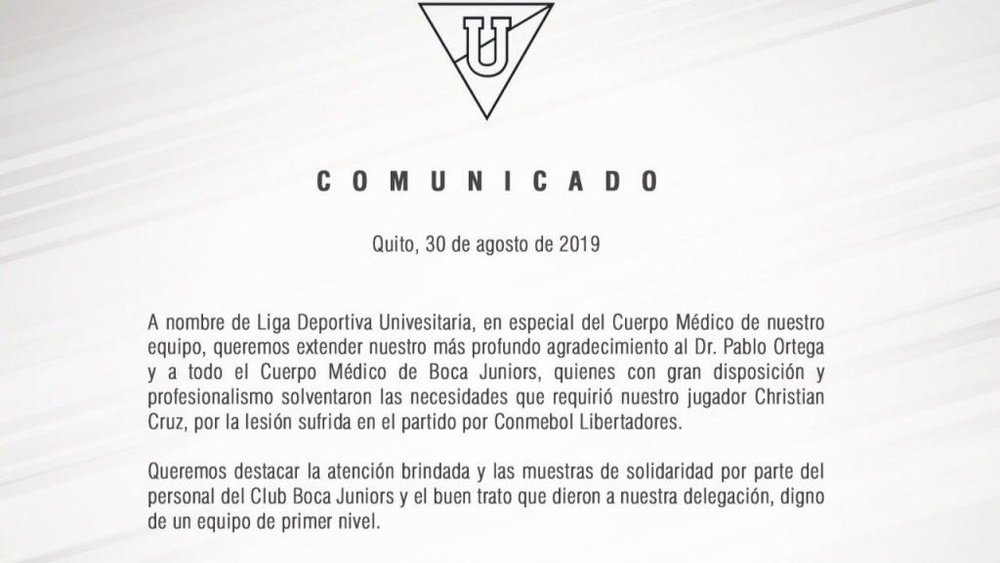 Liga de Quito dio las gracias a Boca  por su profesionalidad. LDUQuito