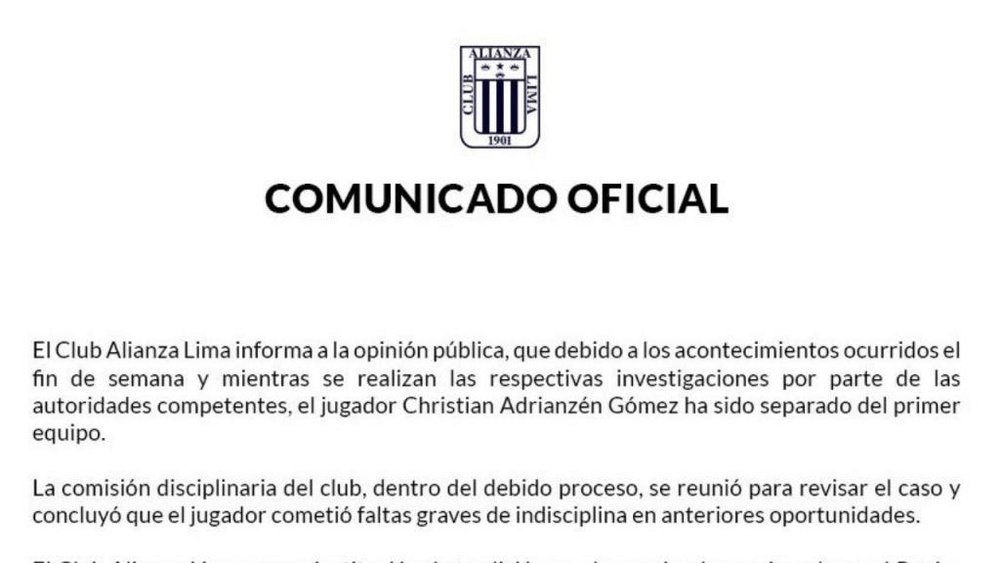 Adrianzén, de Alianza Lima, detenido por una presunta violación. AlianzaLima