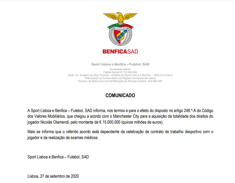 Contrato Benfica Otamendi