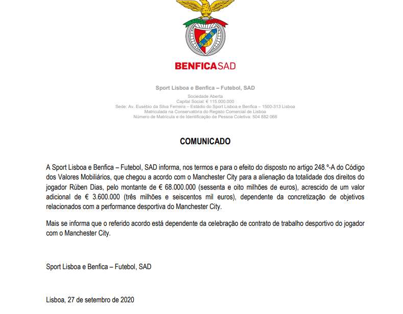 Contrato Benfica Rúben Dias