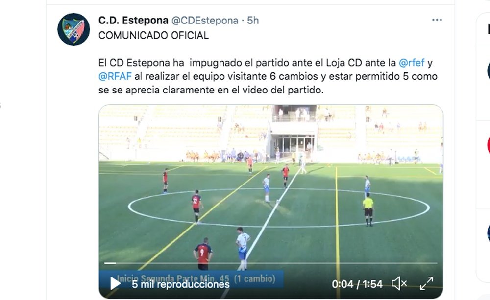 El Estepona impugnó un partido. Captura/Twitter/CDEstepona